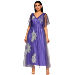 Fioletowa rozkloszowana suknia wieczorowa z tiulem naszywkami EU L