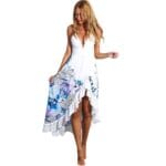 Letnia biała sukienka midi falbanką kwiatowym printem ramiączkach L