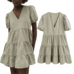 Mini sukienka z bufiastymi rękawami khaki