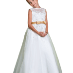 Beżowa wizytowa sukienka dziewczęca haftowana