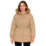 Beżowa kurtka damska zimowa z paskiem i futerkiem S/M