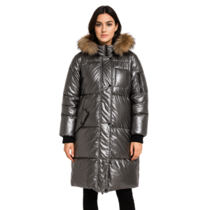 Długa pikowana kurtka z kapturem i futerkiem szara XL