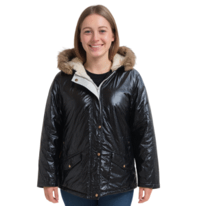 Czarna kurtka damska zimowa z połyskiem i kapturem rozmiar XL