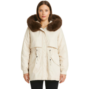 Ocieplana zimowa damska kurtka ecru z futrzanym kapturem M