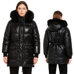 Damska czarna kurtka puchowa M z kapturem ocieplana stylowa