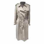 Beżowy płaszcz damski L (40/42) z paskiem i podszewką długi trencz na guziki