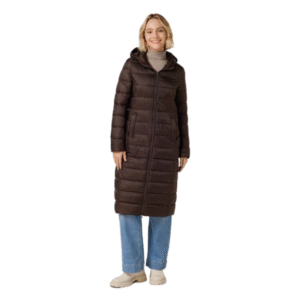 Damska brązowa kurtka puchowa midi z kapturem rozmiar M