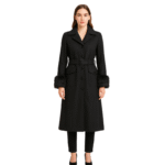 Elegancki czarny płaszcz z paskiem i futrzanymi mankietami S