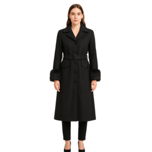 Elegancki czarny płaszcz z paskiem i futrzanymi mankietami S