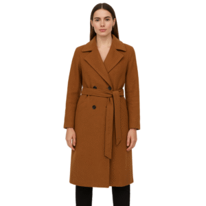 Karmelowy płaszcz wiązany z guzikami i kołnierzem S/M