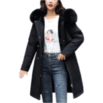 Czarna kurtka damska ocieplana z futrem przy kapturze L