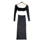 Damski prążkowany czarny komplet Top + Spódnica rozmiar S