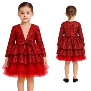 Czerwona sukienka dziewczęca tiulowa z cekinami i długim rękawem 140