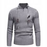 Sweter męski M szary z dziurami styl streetwear zamek kaptur modny casual