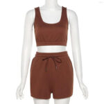 Damski dwuczęściowy komplet dresowy brązowy na lato top + spodenki S