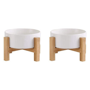 Zestaw 2 ceramicznych misek na drewnianych stojakach dla kota