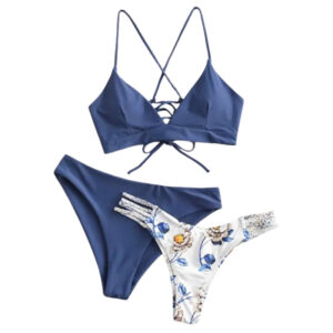 Bikini Strój kąpielowy 3w1 granatowe push-up z kwiatowym dołem rozmiar L EU 40/42