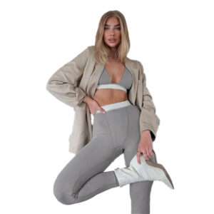 Szary komplet sportowy prążkowany top i legginsy EU 36 / S styl i komfort w jednym