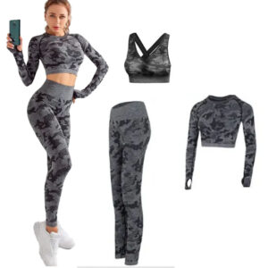 Komplet sportowy moro EU S  Top + crop top długi rękaw legginsy Wysoki stan Siłownia Fitness
