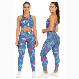 Komplet sportowy damski fitness joga top legginsy niebieskie w kwiaty XL