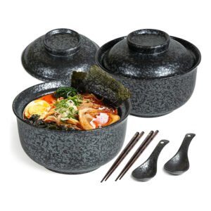 Zestaw 2 ceramicznych misek do ramen z pokrywkami pałeczkami i łyżkami