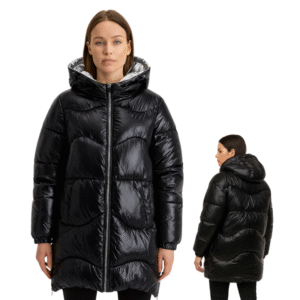 Damska kurtka pikowana czarna z kapturem długa M