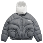 Szara puchowa kurtka męska oversize z białym kapturem XL