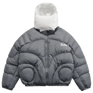 Szara puchowa kurtka męska oversize z białym kapturem XL