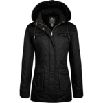 Damska czarna parka ocieplana z futerkiem ekologiczny kaptur rozmiar L