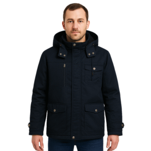 Granatowa kurtka męska ocieplana z odpinanym kapturem M