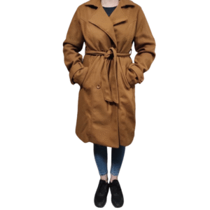 Damski płaszcz camel z paskiem i guzikami rozmiar XL