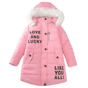 Różowa kurtka dziewczęca z napisem i futerkiem 128/134