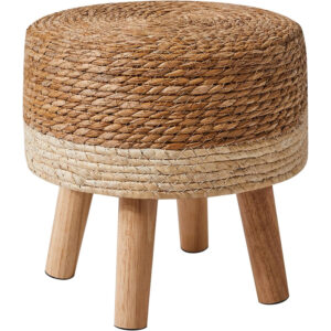 Pufa okrągła pleciona boho z drewnianymi nogami