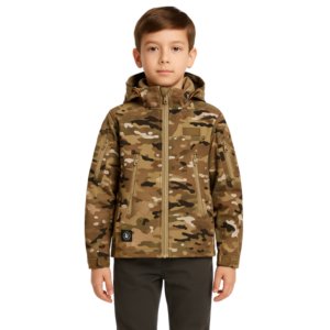 Kurtka softshell chłopięca moro z kapturem EU 140