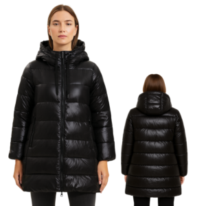 Czarna damska kurtka pikowana z kapturem długa EU S