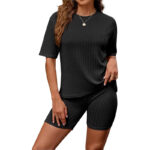 Czarny komplet dresowy damski prążkowany bluzka i spodenki L