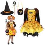 Kostium czarownicy dla dziewczynki 4–6 lat 120–130 cm sukienka kapelusz różdżka
