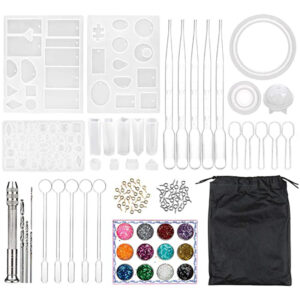 Zestaw do biżuterii z żywicy 83 el. Formy silikonowe Brokaty