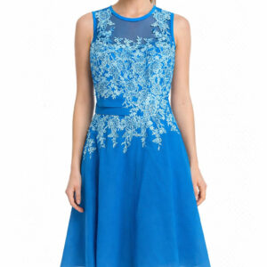 Niebieska sukienka rozkloszowana bez rękawów koronkowa EU M