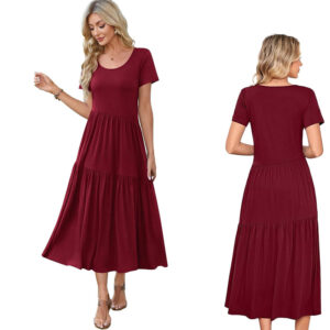 Sukienka Bordowa Midi Krótki Rękaw Okrągły Dekolt EU S