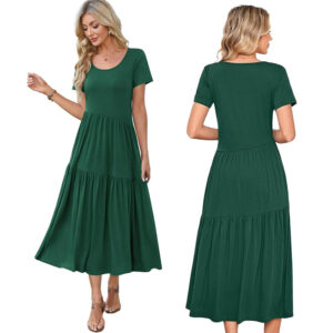 Sukienka Zielona Midi Krótki Rękaw Okrągły Dekolt EU L