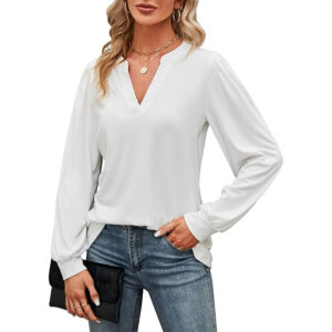 Bluzka koszulka damska XL długi rękaw klasyczna biała/ecru V