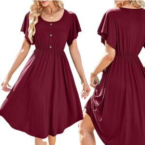 Sukienka Bordowa Midi Krótki Rękaw Okrągły Dekolt EU L