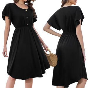 Sukienka Czarna Midi Krótki Rękaw Okrągły Dekolt EU L