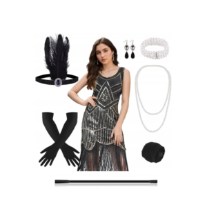 Sukienka RETRO GATSBY lata 20 czarna złote cekiny + akcesoria L