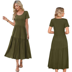 Sukienka Zielona Midi Krótki Rękaw Okrągły Dekolt EU XL