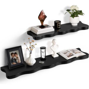 Zestaw 2 Półek Ściennych Czarnych Drewnianych