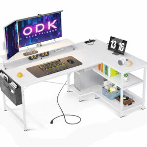 Biurko narożne gamingowe 167 × 80 cm z półkami i portem USB Białe