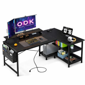 Biurko narożne gamingowe 167 × 80 cm czarne z półkami i portem USB
